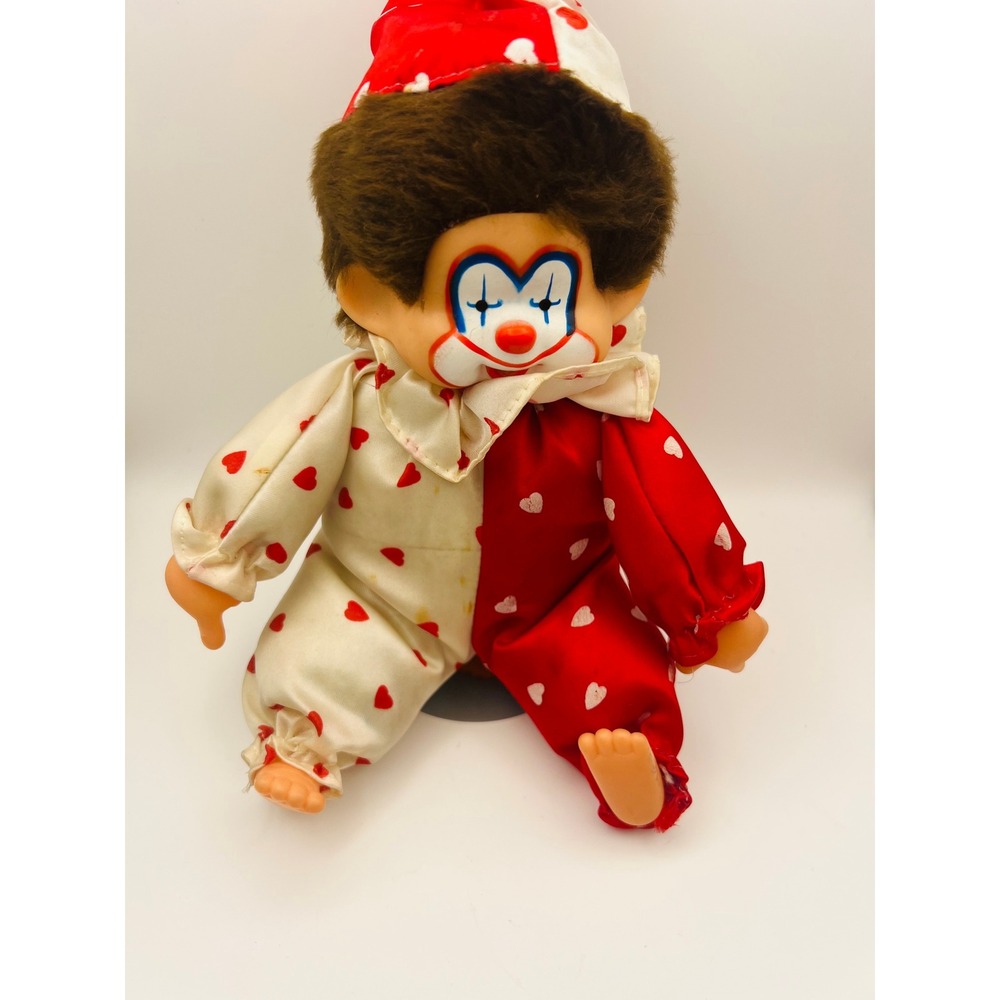 Vintage Corky Clown California Toys Red White Heart Satin Doll Plush Brown Hair